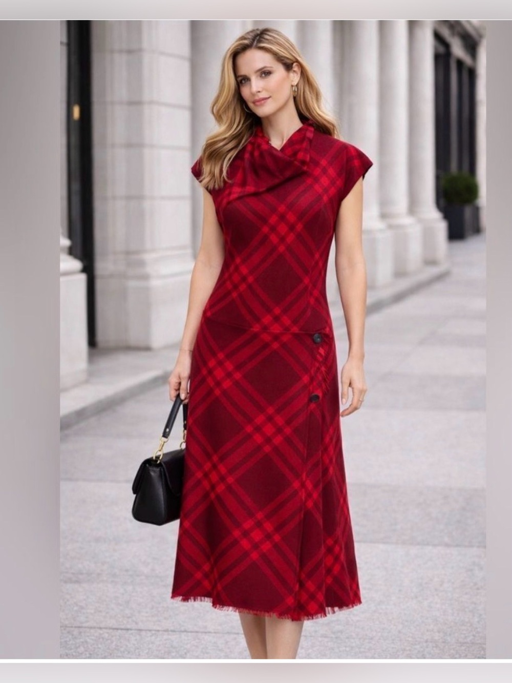 Burberry Red Plaid Cowl-Neck Midi Dress - Picture 1 of 11
